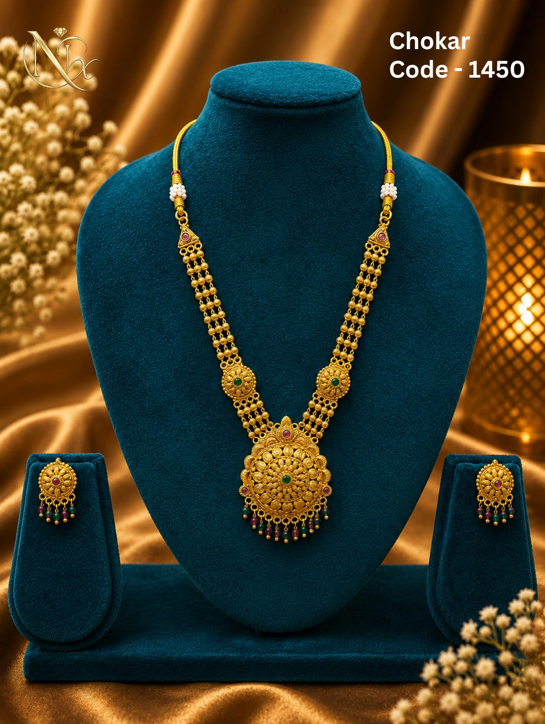 1 Gram Matte Polish Necklace with Earrings - Free Size